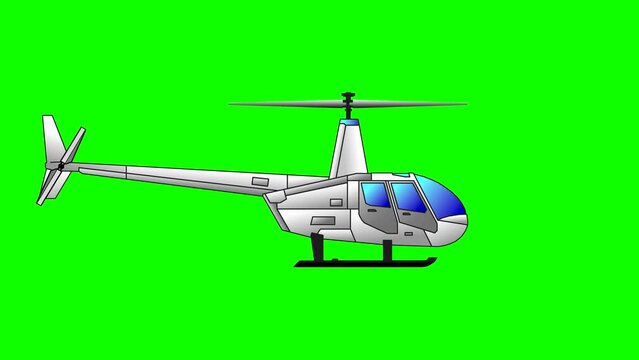 Close-up side view of a civil aviation helicopter rotates its blades on a green background. Abstract looping animation for clipping background  