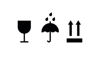 Packaging mark icons. Fragile symbol. Keep dry sign. This side up box. Vector