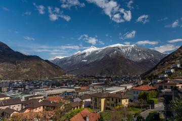Fototapeta premium Bellinzona city from high hill over in spring color fresh morning
