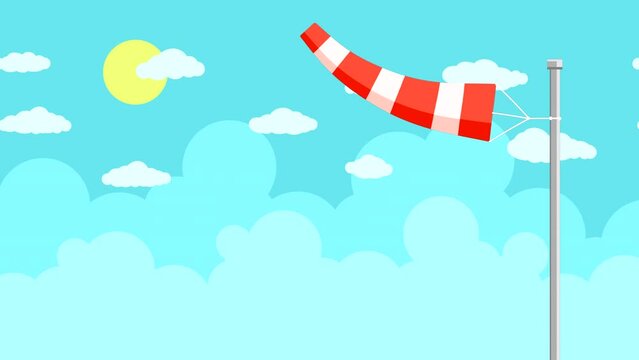 A red aerodrome windsock sways in the wind close-up against a blue sky with clouds and the sun.  Abstract looping animation with a flat pattern of transport. Looped plot.