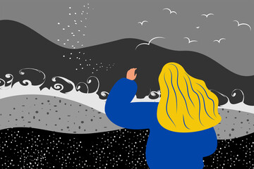 Horizontal vector background. A young girl in a yellow and blue sweater with loose hair walks along the seashore, rear view. Gray landscape in a flat style. The concept of depression, fear, sadness.