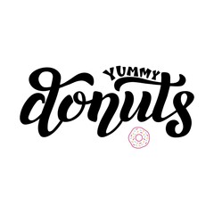 Handdrawn vector illustration with color lettering on textured background Yummy Donuts for billboard, decor, business card, invitation, flyer, sign, advertising, poster, banner, print, label, template