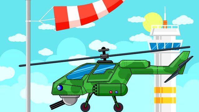 A military helicopter stands at the airfield with an observation tower and a wind indicator close-up. Abstract looping animation with a flat pattern of transport. Looped plot.