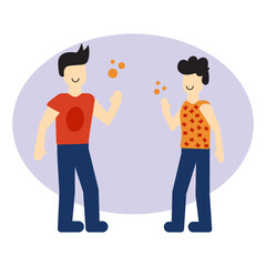 2 homens se cumprimentando. 2 jovens conversando.