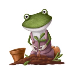 funny frog in the garden, watercolor style illustration, summer clipart with cartoon character