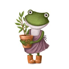 funny frog in the garden with plant, watercolor style illustration, summer clipart with cartoon character