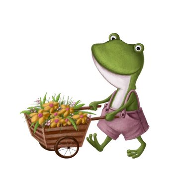 green frog pushing wheelbarrow of flowers clip art preview