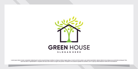 Naklejka premium Green house logo design template with line art style and creative element