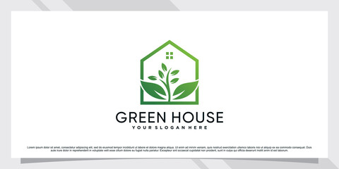 Green house logo design template with line art style and creative element