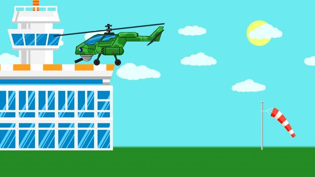 Military helicopters with guns land on the airfield against a blue sky with clouds and a white building. Abstract looping animation with a flat pattern of transport. Looped plot.