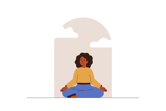 Calm woman meditating near the window for saving mental health. African American female relaxing in lotus posture. Balance, harmony and mindfulness concept. Vector illustration