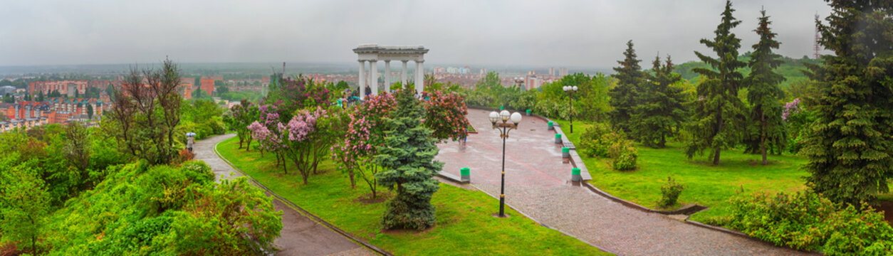 Panoramic view of the White Rotunda Building and the city of Poltava, banner, panorama. City of Poltava, Ukraine