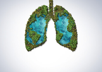 Green trees shaped like human lungs conceptual image. lungs shape island isolated on white...