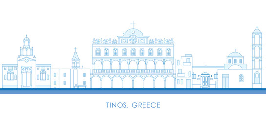 Outline Skyline panorama of  Tinos, Cyclades Islands, Greece - vector illustration - obrazy, fototapety, plakaty