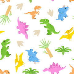 Cute dinosaurs background. Childish seamless pattern with prehistoric Jurassic animals and plants. Vector flat illustration.