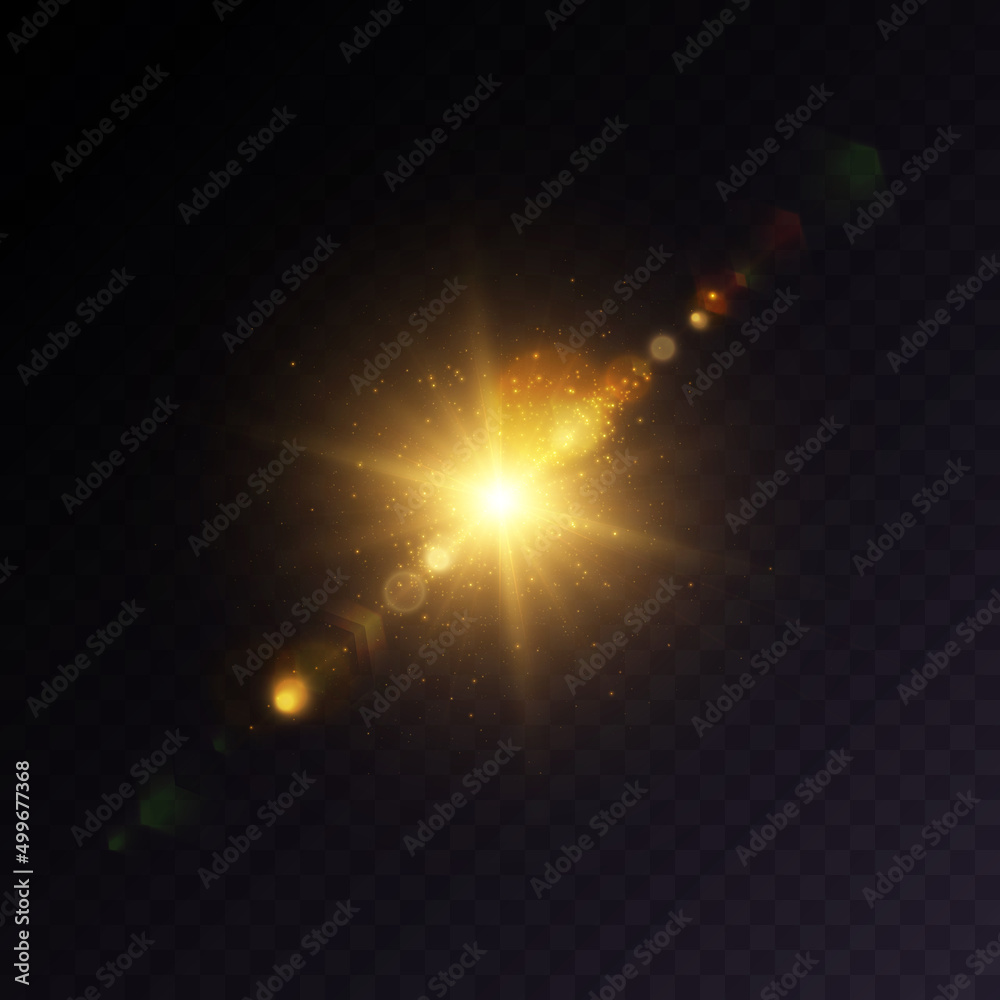 Poster bright yellow light effect, flash of light in outer space for vector illustration.