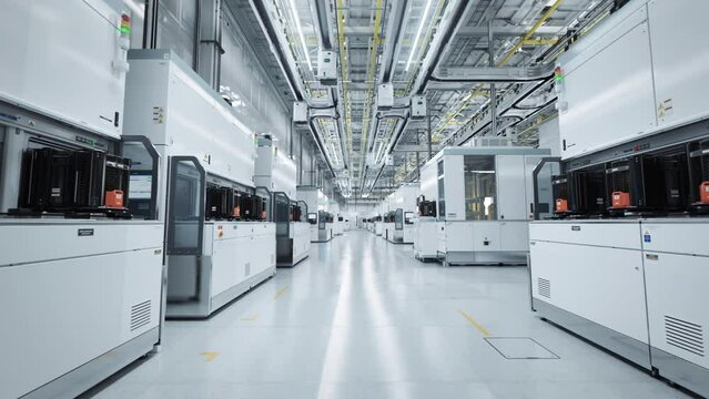 Wide Shot Inside Bright Advanced Semiconductor Production Fab Cleanroom with Working Overhead Wafer Transfer System 
