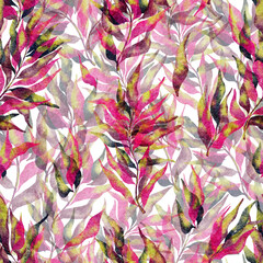 Seamless floral watercolor pattern - leaves and branches composition on white background