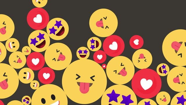 Yellow falling smileys balls with white hearts smiles alpha channel. Emoji icons falling transition in and out