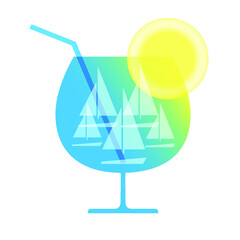 Stylized wine glass, sailboats and sun. Logo. Vector illustration. 