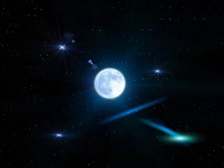 Obraz na płótnie Canvas moon on starry sky bright dark shiny clear nebula star flares fall background copy space template