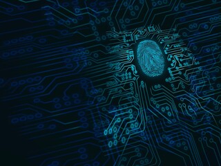 Illustration of a fingerprint surrounded by a microchip pattern.