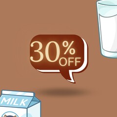 30% off on top of chocolate chip cookie with glass of milk and milk carton in the background