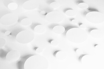 Abstract geometric texture of flying white paper ovals in shining light with soft shadows as mess pattern, top view. Simple delicate clean airy calm mosaic background in minimal style.