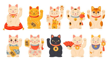 Cartoon lucky cats, Japanese Maneki neko, oriental funny cats. Money and richness fortune asian kittens vector symbols illustrations set. Traditional lucky cats souvenirs