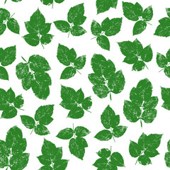 Seamless pattern with raspberry leaves, summer natural background with paint prints