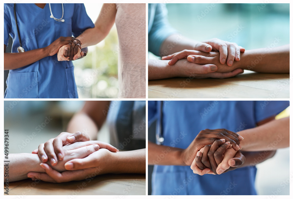 Poster help is at hand. composite image of a compassionate doctor holding a patients hand.