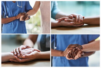 Help is at hand. Composite image of a compassionate doctor holding a patients hand. - Powered by Adobe