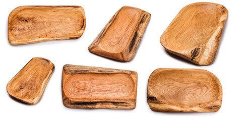 Hand carved bowls on a white isolated background. Oak wood. Irregular shape. A set of bowls.