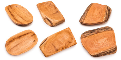 Hand carved bowls on a white isolated background. Oak wood. Irregular shape. A set of bowls.