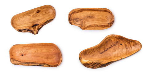 Hand carved bowls on a white isolated background. Oak wood. Irregular shape. A set of bowls.