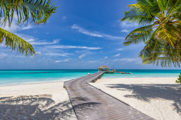 Beautiful Maldives island beach. Palm trees, sea sand sky, water villa long wooden pier pathway....