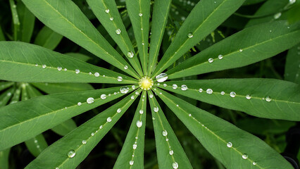 close up macro of green leaves with beads of water and dew