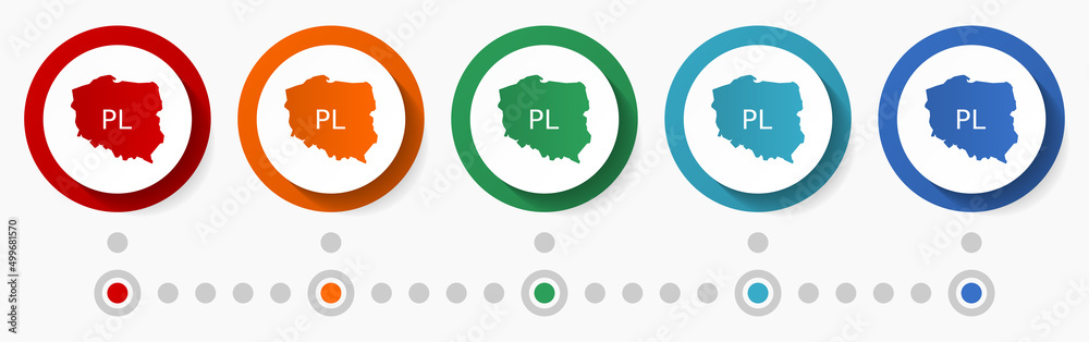 Aufkleber Poland map concept vector icon set, infographic template, flat design colorful web buttons in 5 color options