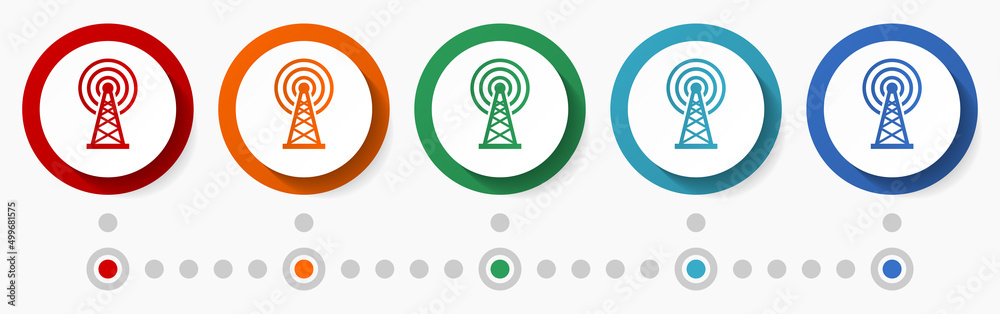 Poster Antenna, network concept vector icon set, infographic template, flat design colorful web buttons in 5 color options