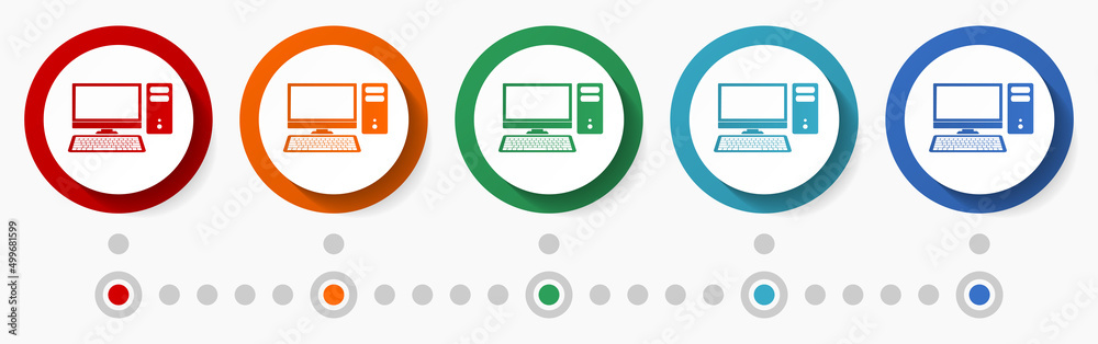 Poster Computer concept vector icon set, infographic template, flat design colorful web buttons in 5 color options