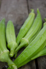 FRESH OKRA, Abelmoschus esculentus RECENTLY HARVESTED FROM AN ORGANIC GARDEN, ON A RUSTIC WOODEN TABLE WITH NATURAL LIGHTING