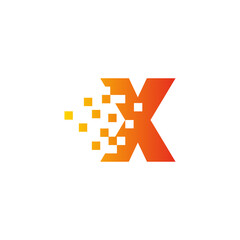 Colorful letter X fast pixel dot logo. Pixel art with the letter X. Integrative pixel movement. Creative scattered technology icon. Modern icon creative ports. Vector logo design.
