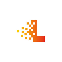 Colorful letter L fast pixel dot logo. Pixel art with the letter L. Integrative pixel movement. Creative scattered technology icon. Modern icon creative ports. Vector logo design.
