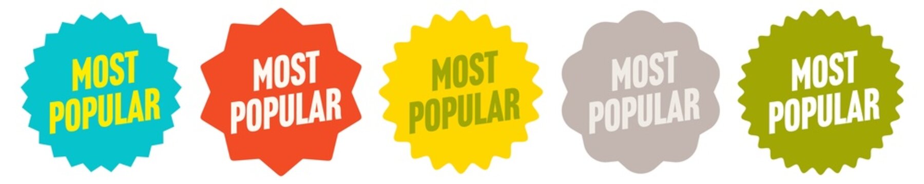 Most popular color sale sticker set. Promo badge with starburst design for sales leader advertising vector illustration isolated on white background