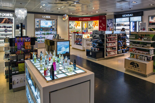 Perfumery and cosmetics duty free shop in Boryspil airport, Ukraine.