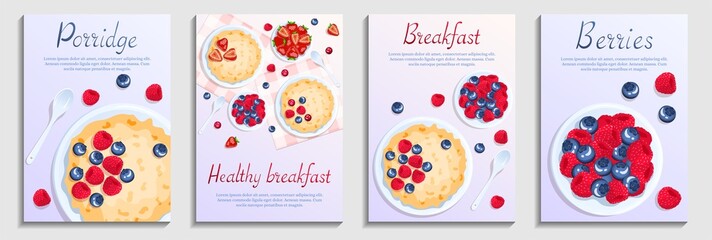Porridge and berries. Raspberry, cranberry, strawberry and blueberry. Breakfast, healthy food, dieting concept. Set of a4 vector illustration for flyer, poster, banner.