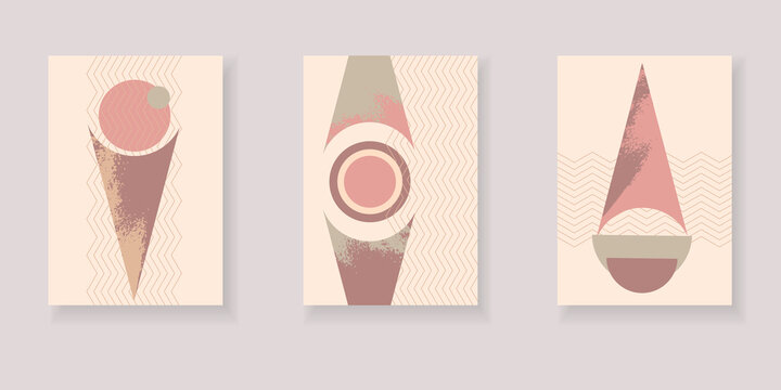 Set of artistic creative abstract backgrounds. Hand drawn texture. Design for poster, postcards, invitations, brochures, leaflets, wall decor. Pink, green and brown  pattern with geometric  elements.