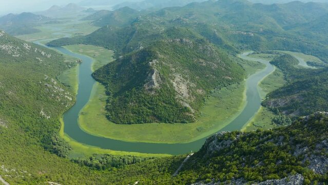 Aerial view of river bend of Crnojevica in the mountains of Montenegro