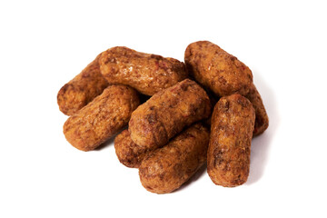 Fried vegetarian vegan sausages isolated on white background. 