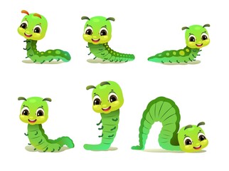 Set of Caterpillar. wildlife object. Little funny insect. Cute cartoon style. isolated on white background. Vector